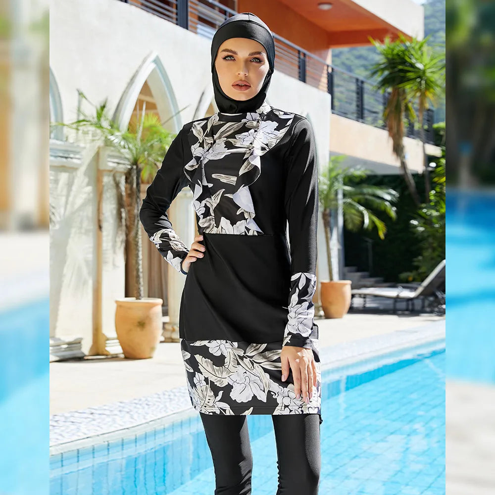 Muslim Swimwear Women Modest Printed Patchwork Long Sleeve Sport