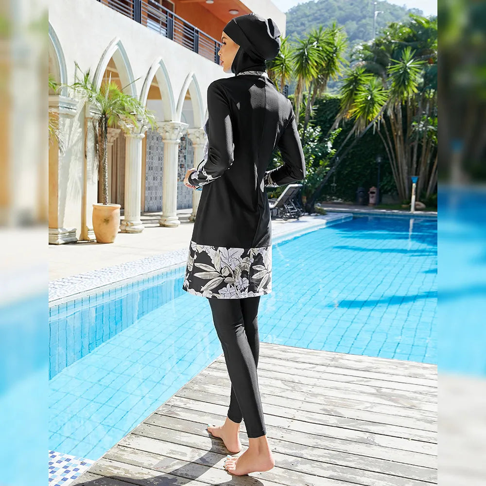 Muslim Swimwear Women Modest Printed Patchwork Long Sleeve Sport