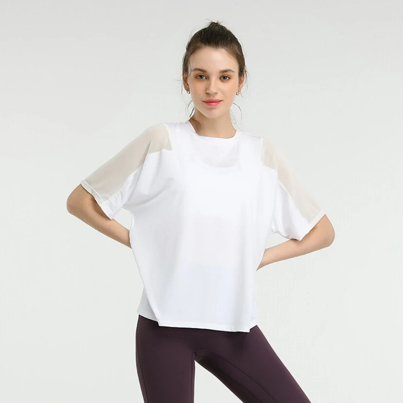 New arrival women yoga t shirt short sleeve mesh patchwork quick dry