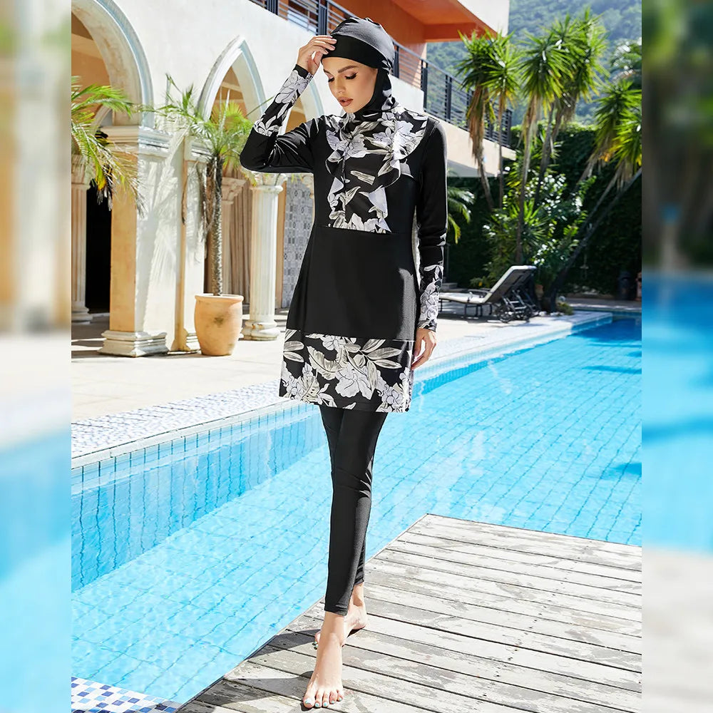 Muslim Swimwear Women Modest Printed Patchwork Long Sleeve Sport