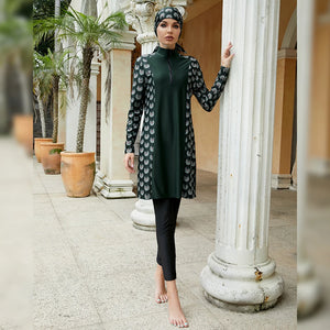 Muslim Swimwear Women Modest Print Patchwork Hijab Long Sleeve Tops