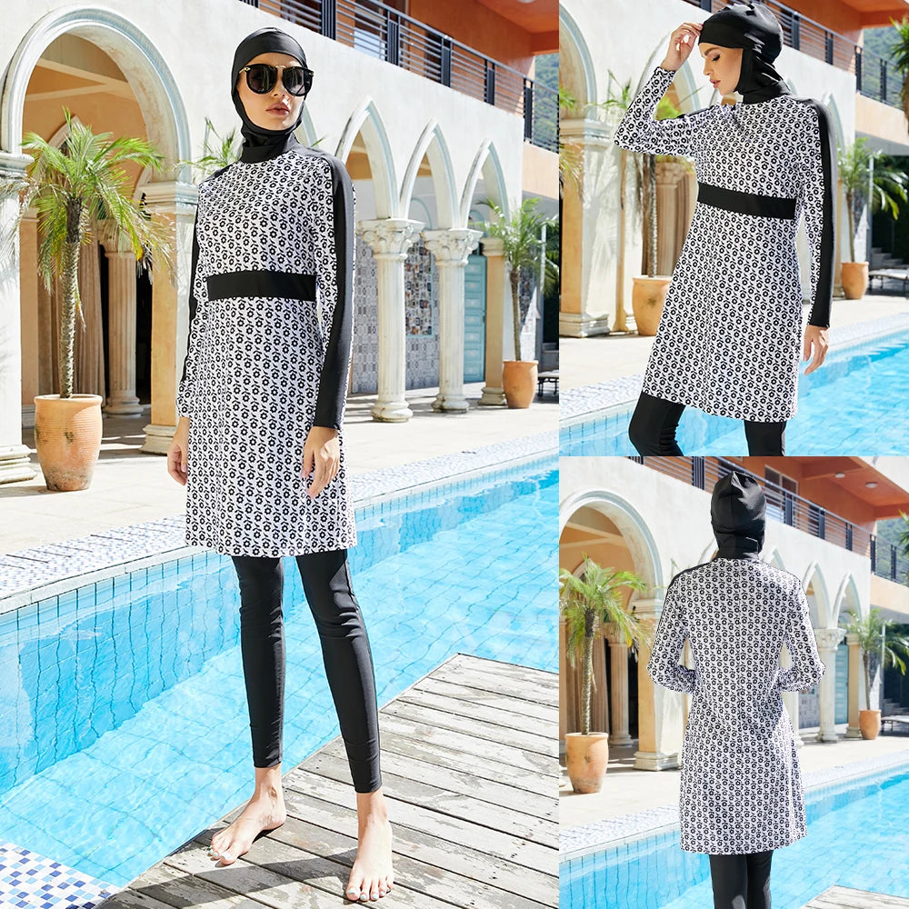 Muslim Swimwear Women Modest Print Patchwork Hijab Long Sleeve Tops