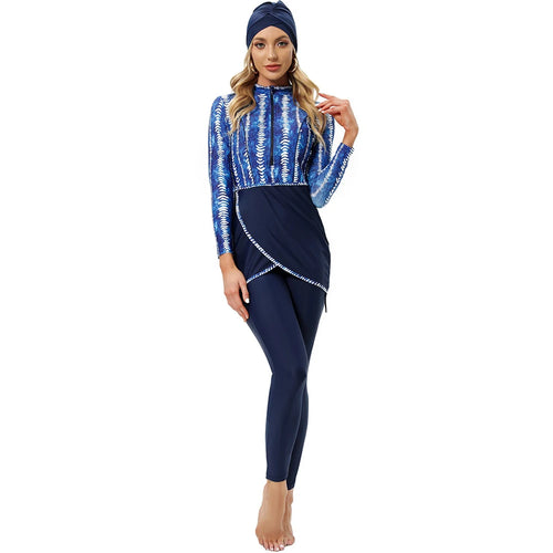 2022 Women Modest Muslim Swimwear Patchwork Hijab Sport Long Sleeves