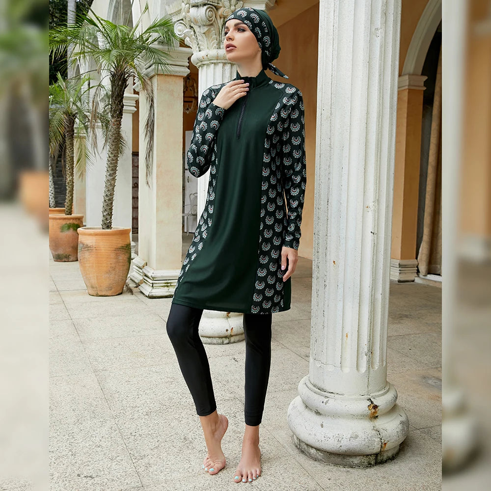 Muslim Swimwear Women Modest Print Patchwork Hijab Long Sleeve Tops