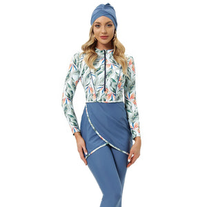 2022 Women Modest Muslim Swimwear Patchwork Hijab Sport Long Sleeves