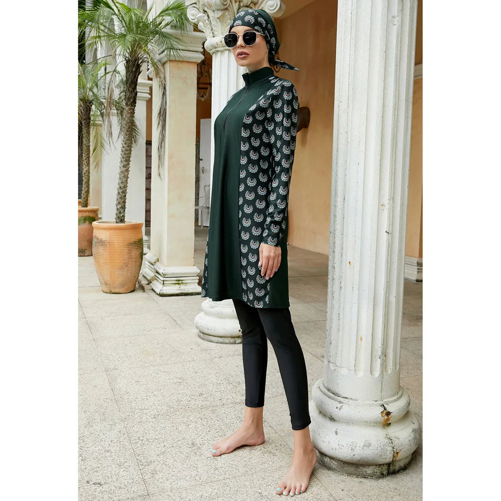 Muslim Swimwear Women Modest Print Patchwork Hijab Long Sleeve Tops