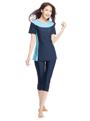 Muslim Women Swimwear Two-Piece Suits Short Sleeve Splice Modest