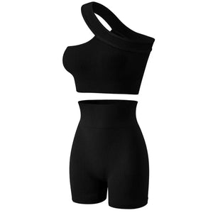 Ribbed Yoga Clothing Sets Women High Waist Leggings Crop Top Two Piece