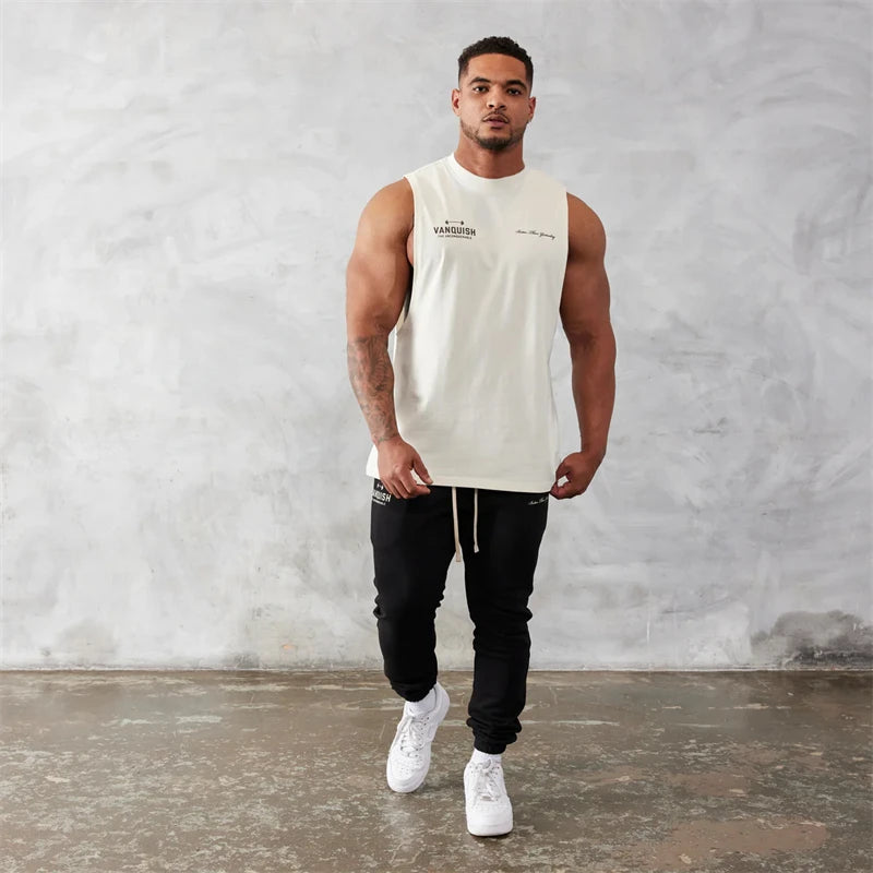 Gym exercise fitness sports men's vest cotton wide shoulder round neck