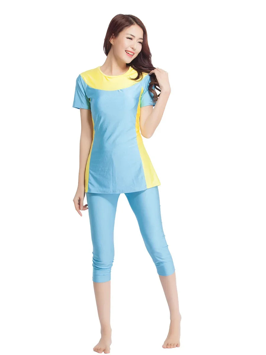 Muslim Women Swimwear Two-Piece Suits Short Sleeve Splice Modest